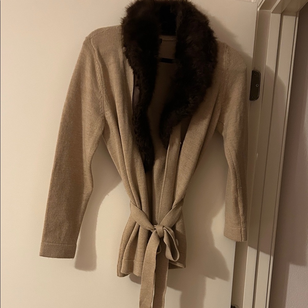 Talbots Tan Cardigan with Faux Fur Collar